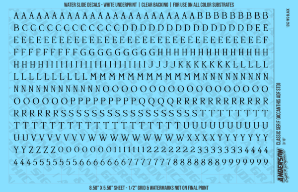 ASG Waterslide Decals - Classic Serif Lettering Numbers 1/4"