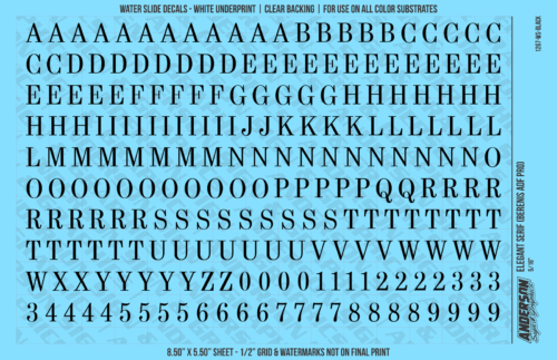 ASG Waterslide Decals - Elegant Serif Lettering Numbers 3/8"