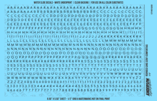 ASG Waterslide Decals - Rounded Sans Serif Lettering Numbers 1/8"