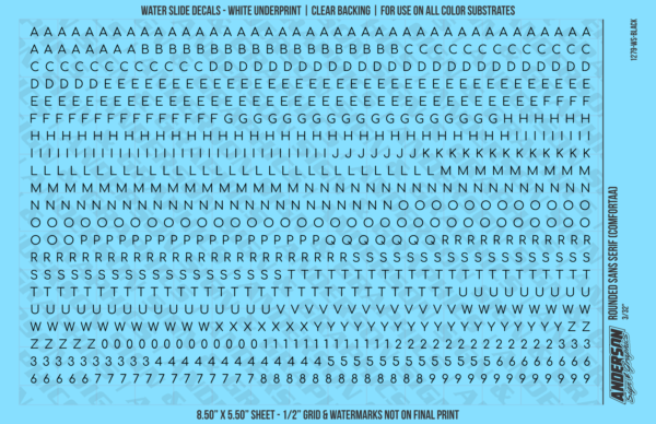 ASG Waterslide Decals - Rounded Sans Serif Lettering Numbers 1/8"
