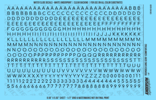 ASG Waterslide Decals - Rounded Sans Serif Lettering Numbers 3/16"