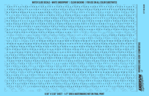 ASG Waterslide Decals - Rounded Sans Serif Lettering Numbers 1/16"