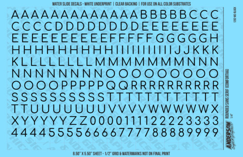 ASG Waterslide Decals - Rounded Sans Serif Lettering Numbers 5/16"
