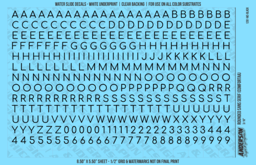 ASG Waterslide Decals - Rounded Sans Serif Lettering Numbers 1/4"