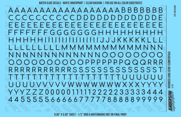 ASG Waterslide Decals - Rounded Sans Serif Lettering Numbers 1/4"