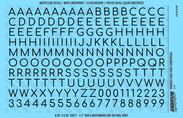 ASG Waterslide Decals - Rounded Sans Serif Lettering Numbers 3/8"