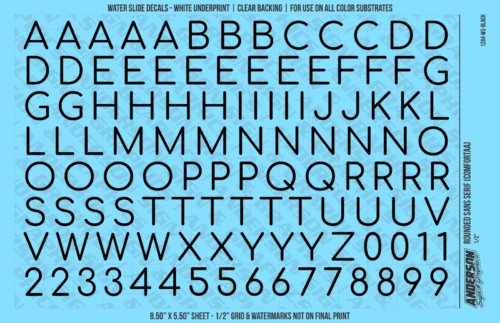 ASG Waterslide Decals - Rounded Sans Serif Lettering Numbers 1/2"