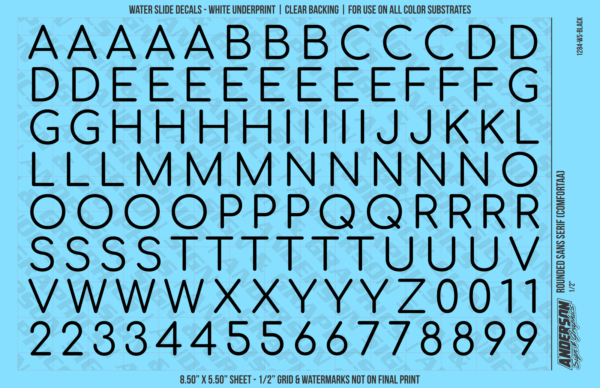 ASG Waterslide Decals - Rounded Sans Serif Lettering Numbers 1/2"