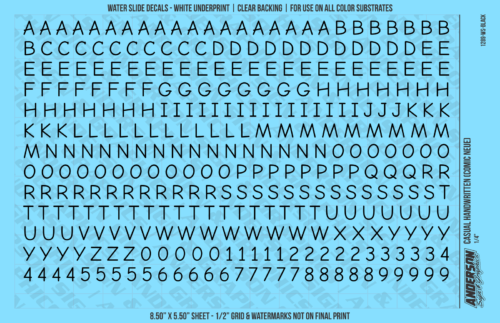 ASG Waterslide Decals - Casual Handwritten Lettering Numbers 1/4"