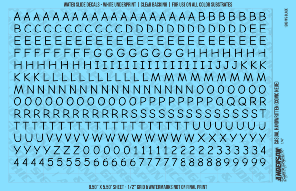ASG Waterslide Decals - Casual Handwritten Lettering Numbers 1/4"