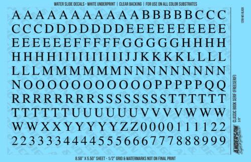 ASG Waterslide Decals - Classic Book Serif Lettering Numbers 3/8"