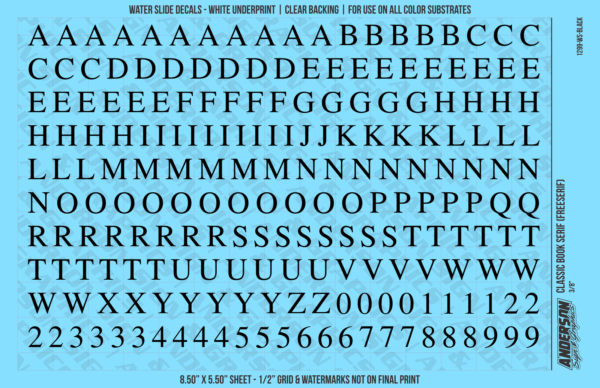 ASG Waterslide Decals - Classic Book Serif Lettering Numbers 3/8"