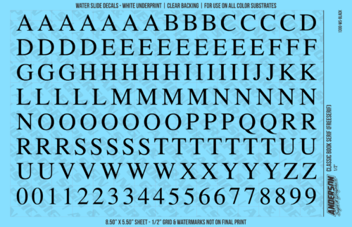 ASG Waterslide Decals - Classic Book Serif Lettering Numbers 1/2"