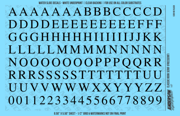 ASG Waterslide Decals - Classic Book Serif Lettering Numbers 1/2"