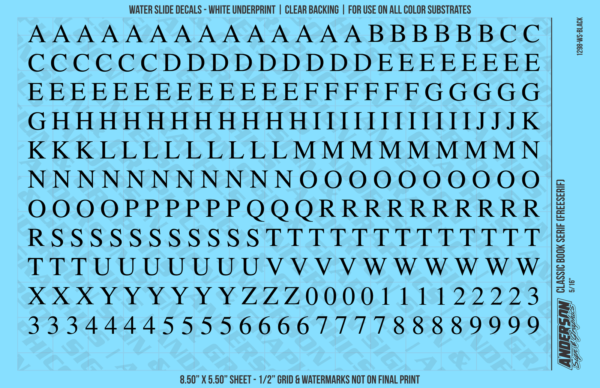 ASG Waterslide Decals - Classic Book Serif Lettering Numbers 5/16"
