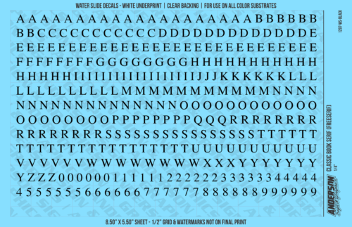 ASG Waterslide Decals - Classic Book Serif Lettering Numbers 1/4"