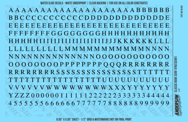 ASG Waterslide Decals - Classic Book Serif Lettering Numbers 1/4"
