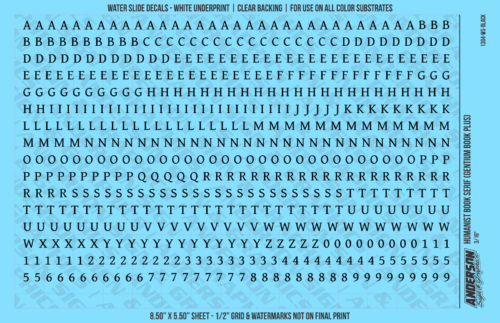 ASG Waterslide Decals - Humanist Book Serif Lettering Numbers 3/16"