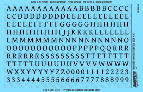 ASG Waterslide Decals - Humanist Book Serif Lettering Numbers 3/8"