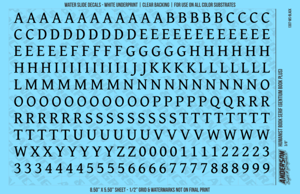 ASG Waterslide Decals - Humanist Book Serif Lettering Numbers 3/8"