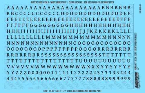 ASG Waterslide Decals - Humanist Book Serif Lettering Numbers 1/4"