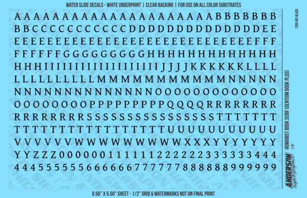 ASG Waterslide Decals - Humanist Book Serif Lettering Numbers 1/4"