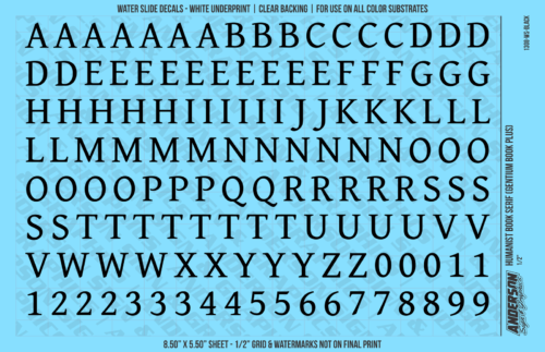 ASG Waterslide Decals - Humanist Book Serif Lettering Numbers 1/2"