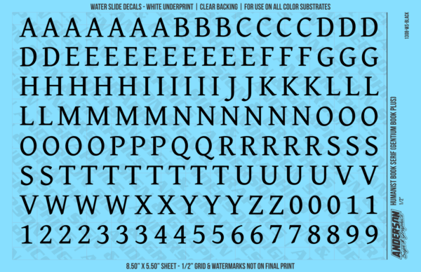 ASG Waterslide Decals - Humanist Book Serif Lettering Numbers 1/2"