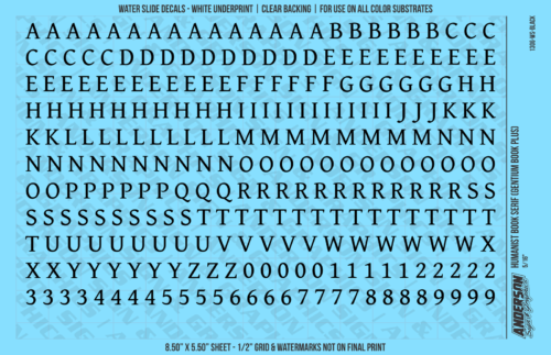 ASG Waterslide Decals - Humanist Book Serif Lettering Numbers 5/16"