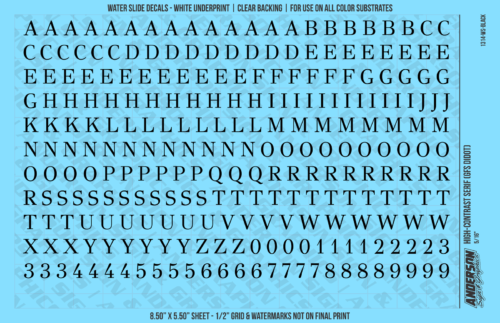 ASG Waterslide Decals - High-Contrast Serif Lettering Numbers 5/16"