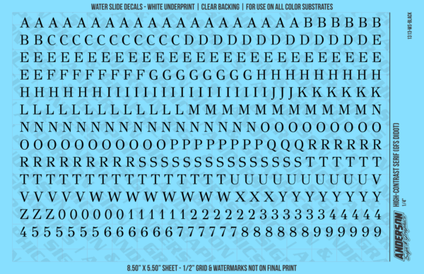 10-163.png ASG Waterslide Decals - High-Contrast Serif Lettering Numbers 1/4"
