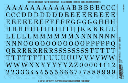 ASG Waterslide Decals - High-Contrast Serif Lettering Numbers 3/8"