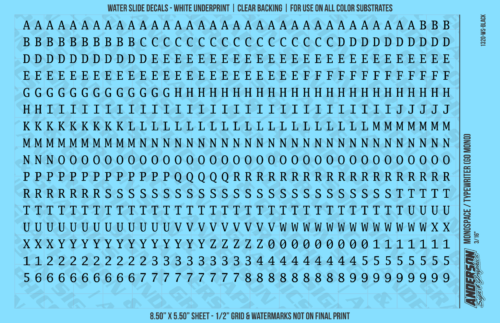 ASG Waterslide Decals - Monospace / Typewriter Lettering Numbers 3/16"