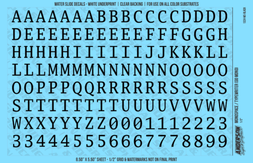ASG Waterslide Decals - Monospace / Typewriter Lettering Numbers 1/2"
