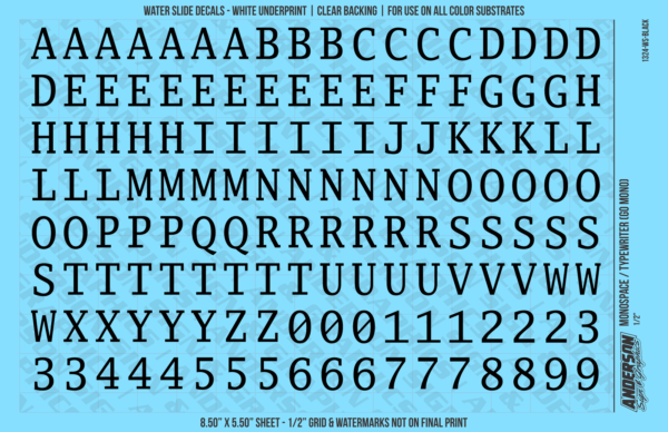 ASG Waterslide Decals - Monospace / Typewriter Lettering Numbers 1/2"