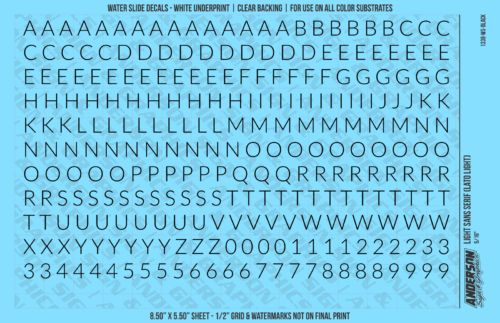ASG Waterslide Decals - Light Sans Serif Lettering Numbers 5/16"