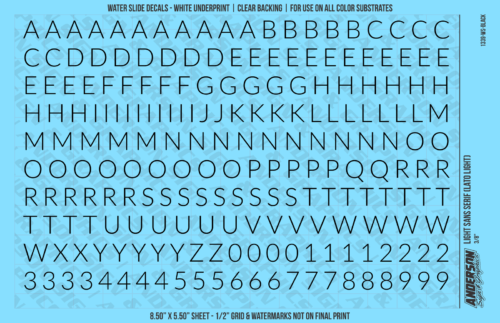 ASG Waterslide Decals - Light Sans Serif Lettering Numbers 3/8"