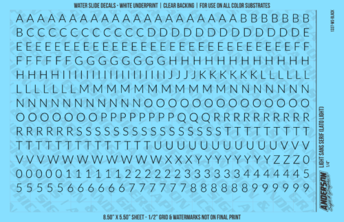 ASG Waterslide Decals - Light Sans Serif Lettering Numbers 1/4"