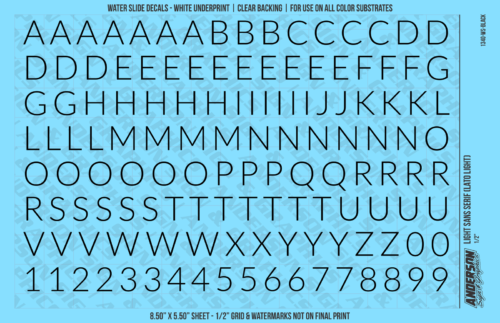 ASG Waterslide Decals - Light Sans Serif Lettering Numbers 1/2"