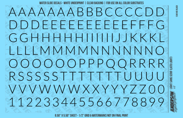 10-184.png ASG Waterslide Decals - Light Sans Serif Lettering Numbers 1/2"