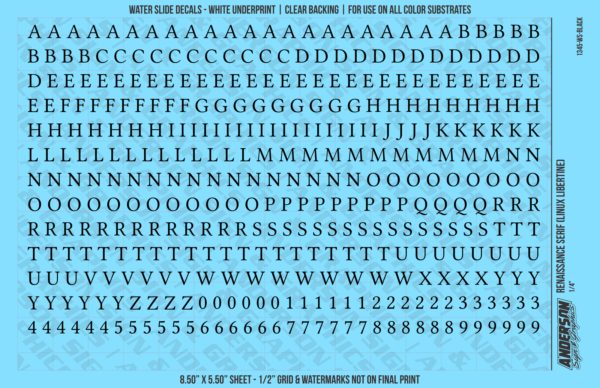 ASG Waterslide Decals - Renaissance Serif Lettering Numbers 1/4"