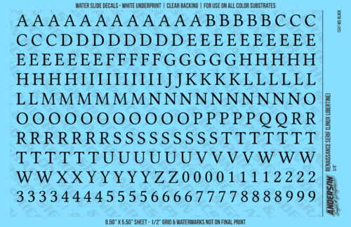 ASG Waterslide Decals - Renaissance Serif Lettering Numbers 3/8"