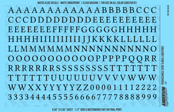 ASG Waterslide Decals - Renaissance Serif Lettering Numbers 3/8"