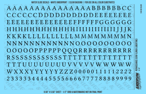 ASG Waterslide Decals - Renaissance Serif Lettering Numbers 5/16"