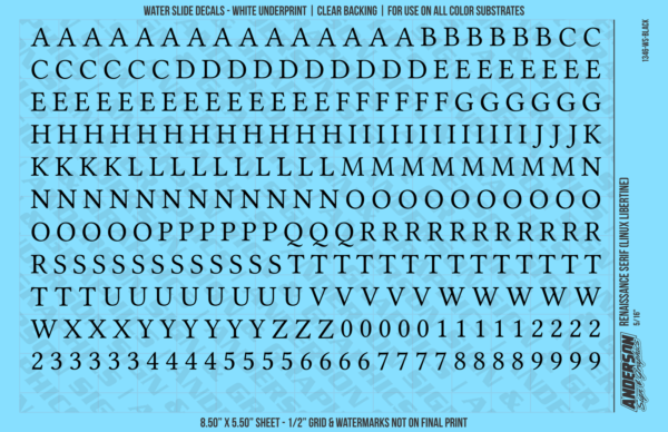 ASG Waterslide Decals - Renaissance Serif Lettering Numbers 5/16"