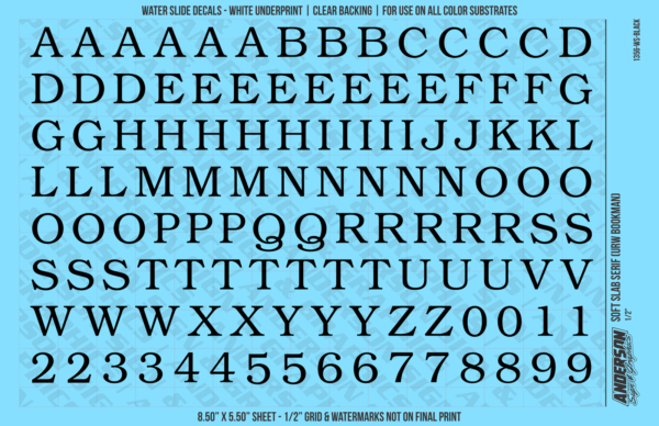 ASG Waterslide Decals - Soft Slab Serif Lettering Numbers 1/2"