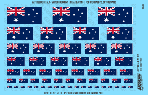 ASG Waterslide Decals - Australia Flag Mixed Sizes 1/4" to 2"