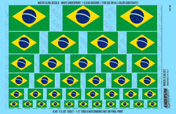 ASG Waterslide Decals - Brazil Flag Mixed Sizes 1/4" to 2"