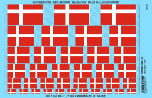 ASG Waterslide Decals - Denmark Flag Mixed Sizes 1/4" to 2"
