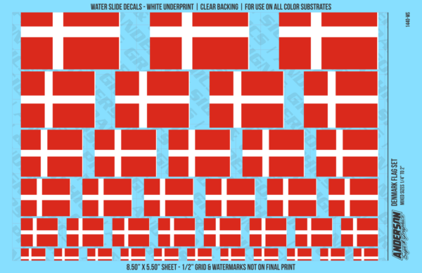ASG Waterslide Decals - Denmark Flag Mixed Sizes 1/4" to 2"